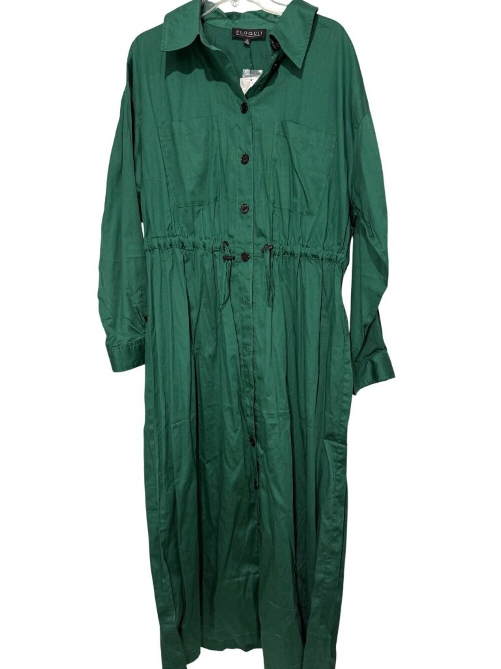 Eloquii Emerald Green Button Front Midi Shirt Dress Drawstring Waist Cotton 18